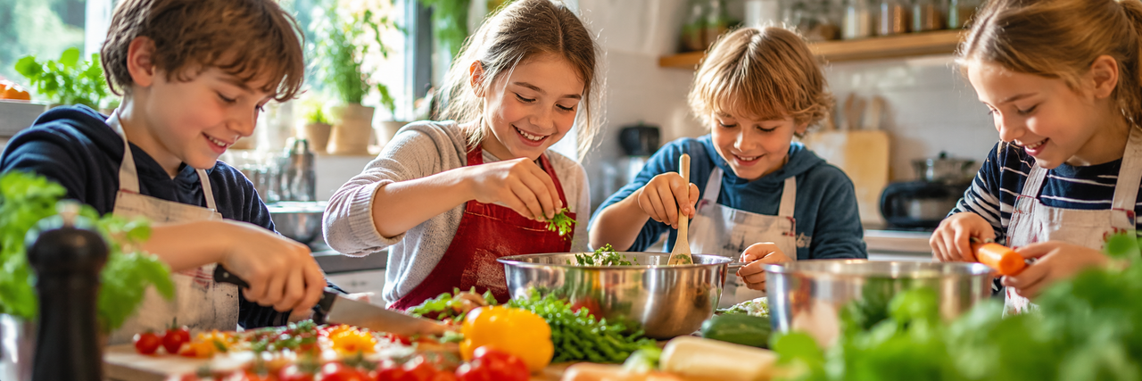Fröhliche Kinder beim gemeinsamen Kochen