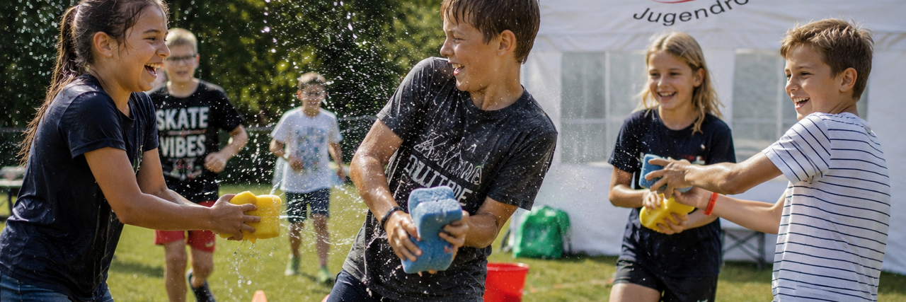 Kindergruppe bei Wasserschlacht (KI-generiert)