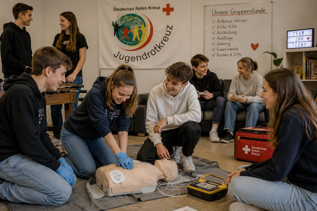 Jugendgruppe beim Erste-Hilfe-Training (KI-generiert)